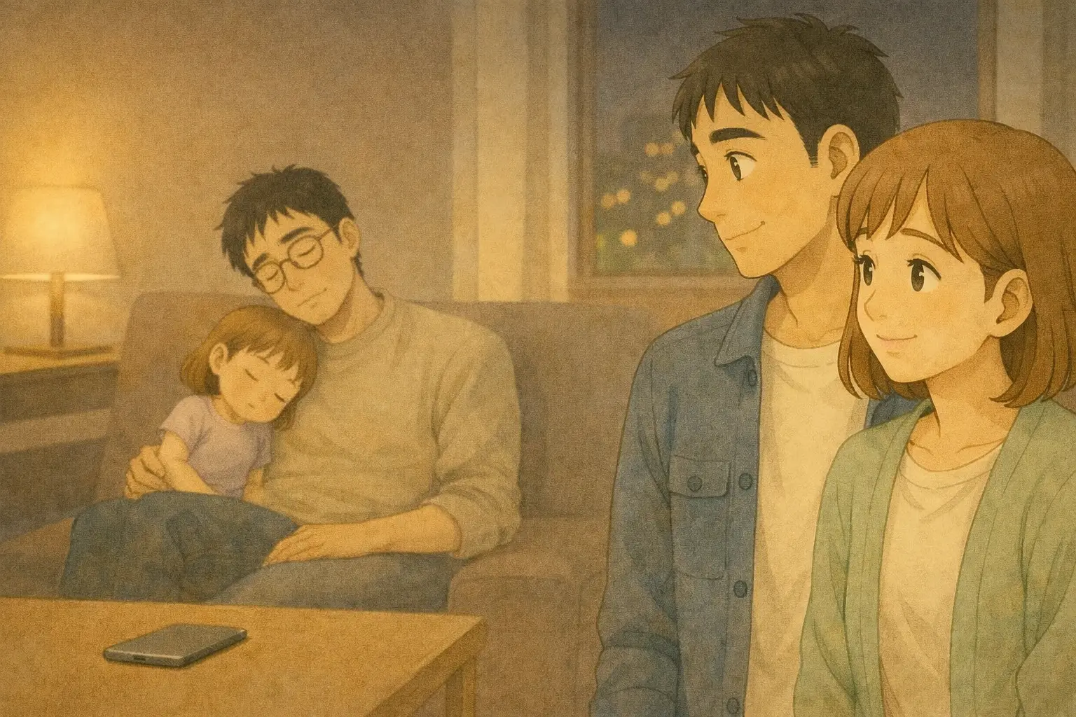 夜、安心したさとしと芽依を、そっと見守る陽菜とひろと