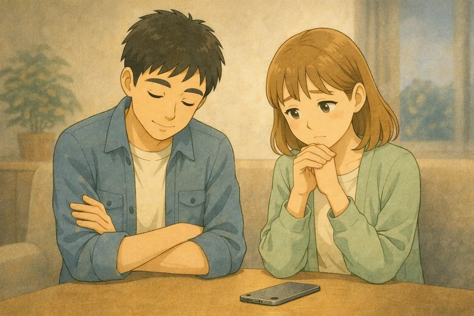 スマホを伏せて置き、考えを整理するひろとの落ち着いた時間