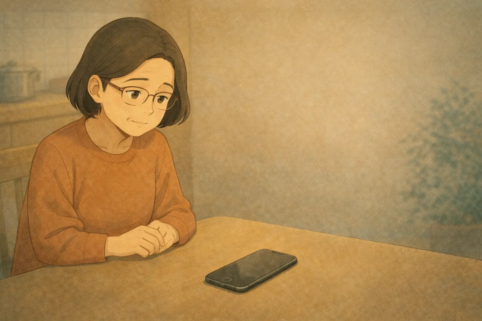テーブルの上に置かれたiPhone 7を前に、ひとり静かに考え込む明美さんのイメージイラスト