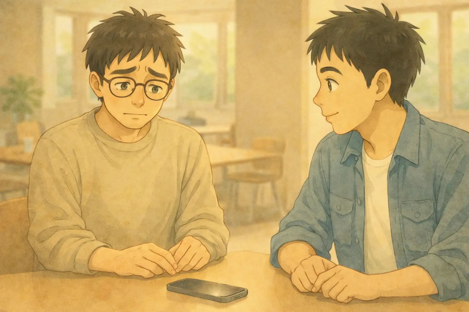 昼休みにiPhoneの減りが気になり、ひろとと一緒に“今日だけかどうか”を整理するさとし