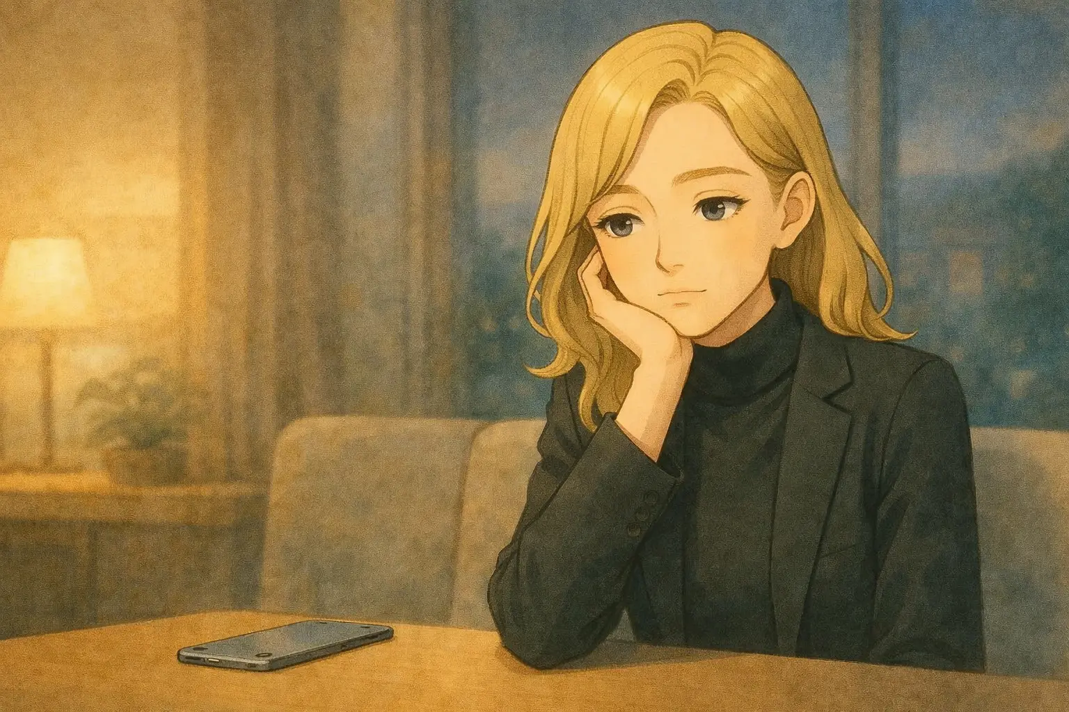 夜、iPhone Airを机に置き静かに考える彩花