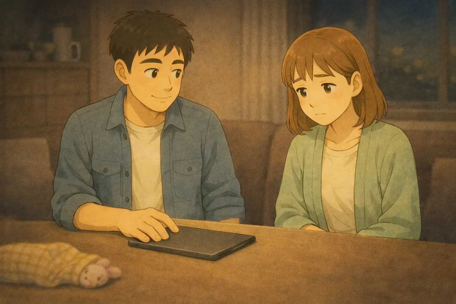 夜のテーブルで、画面を消したiPadのそばに座るひろとと陽菜