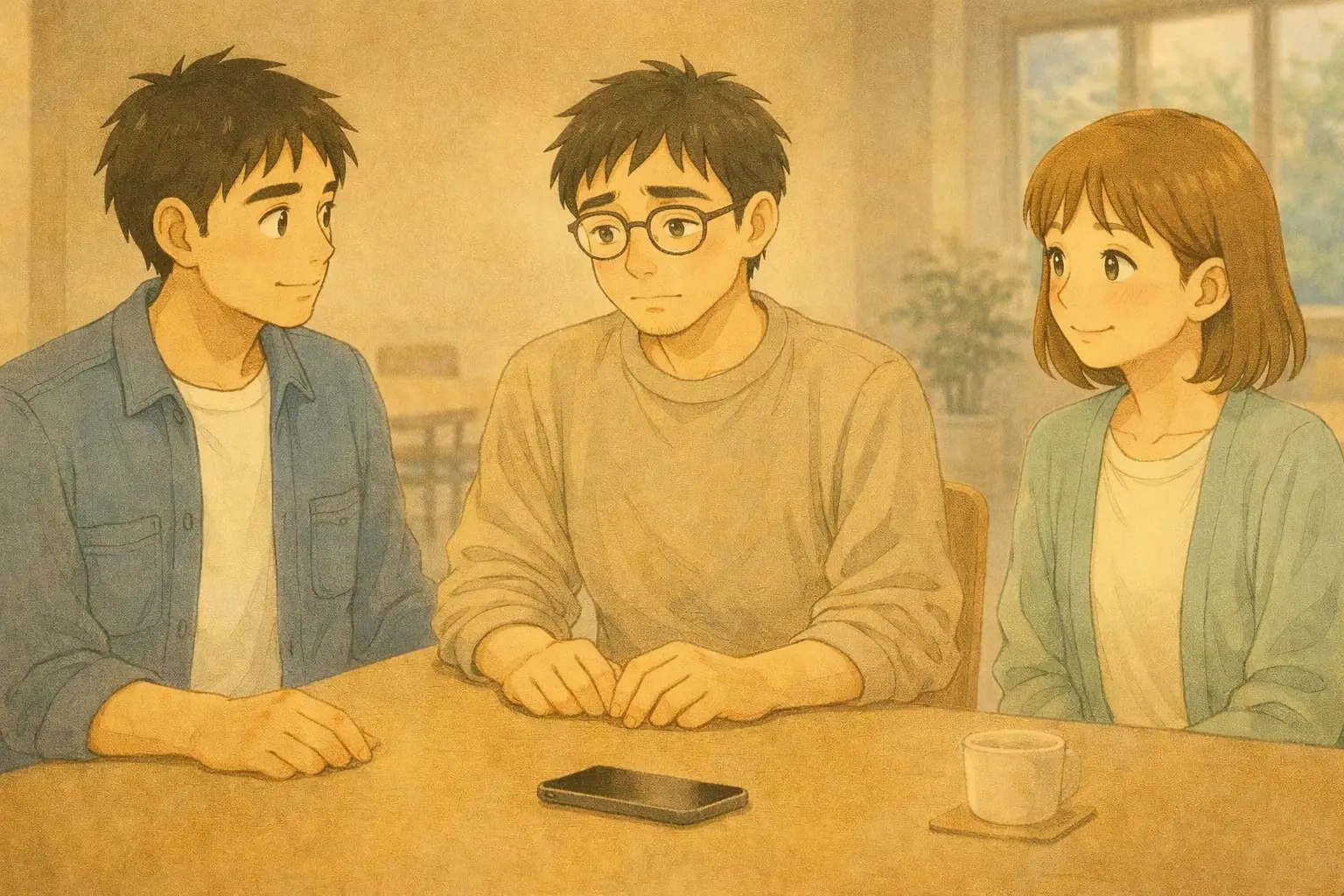 同じテーブルを囲み、それぞれのペースで考えているひろと・陽菜・さとし