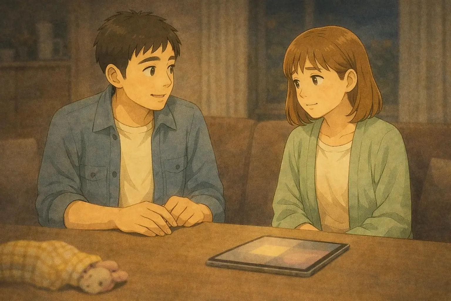 同じテーブルで話しながら、少し離れた位置にiPadが置かれているひろとと陽菜