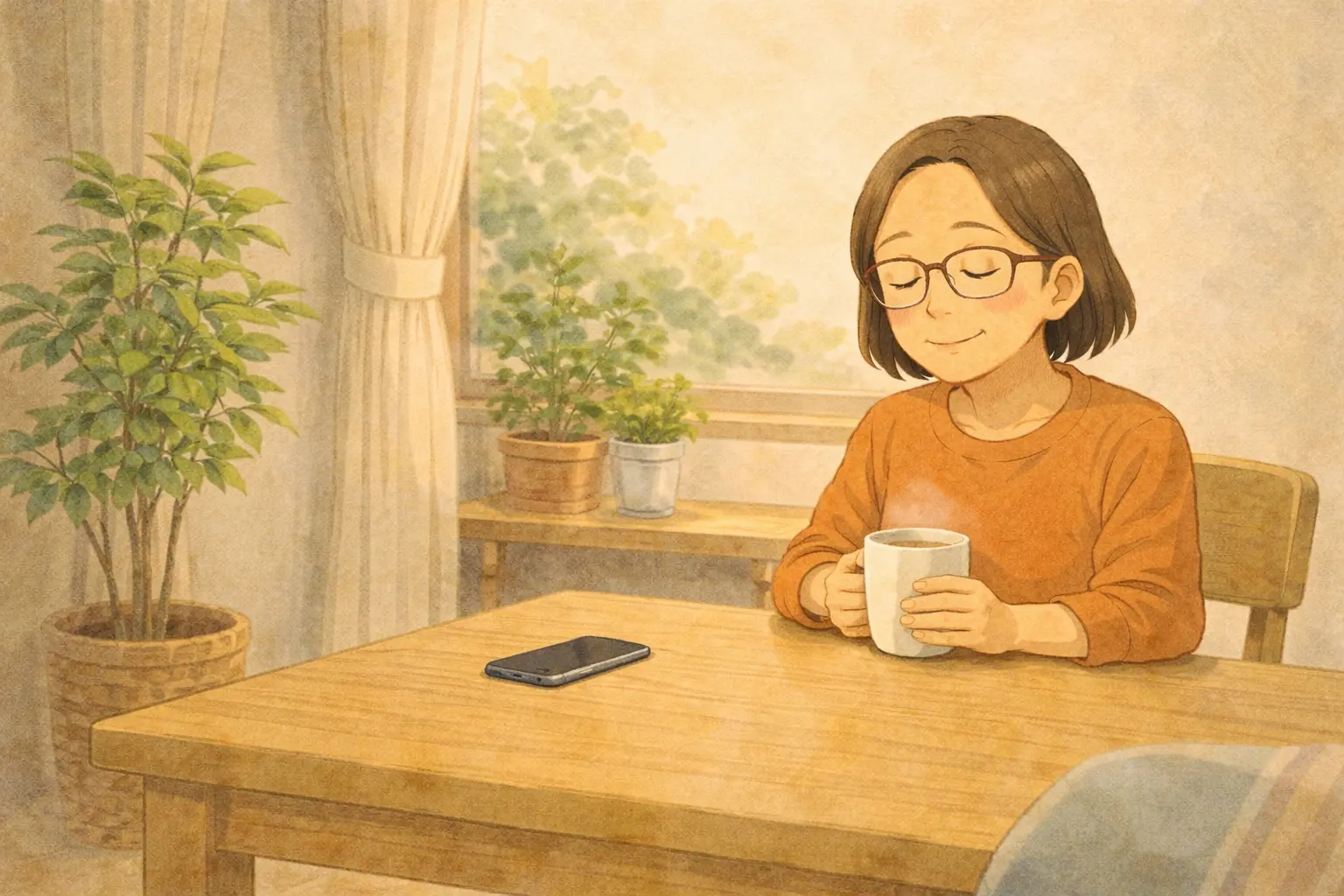 明るい室内でテーブルにiPhone 7を置き、温かい飲み物を手にして静かにひと息つく明美さんの引きの構図