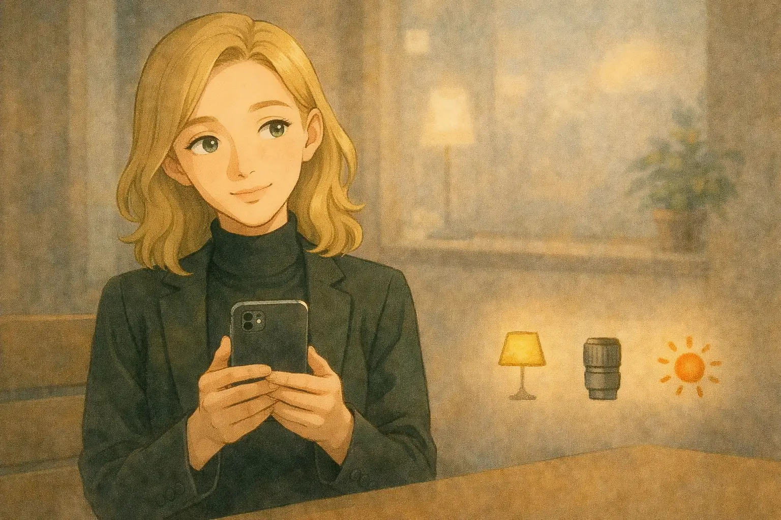 iPhone Airのカメラで迷い、少し考え込む彩花のカット