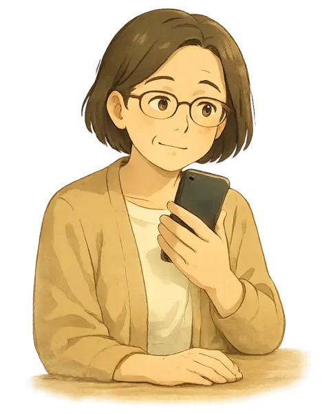 LINEが使えると分かったあと、トークが残るかを静かに考える明美さんの表情