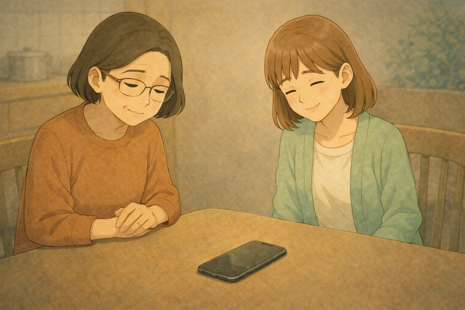 テーブルの上に置かれたiPhone 7を前に、少し安心した表情の明美さんと、うなずく陽菜が並んで座っているイメージイラスト