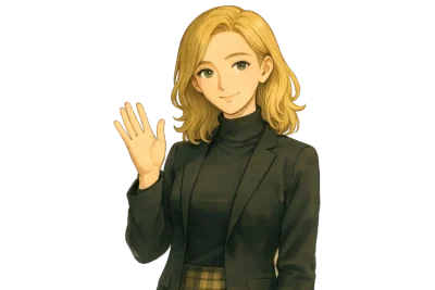 読者に向けて、そっと手を振って感謝を伝える彩花のカット