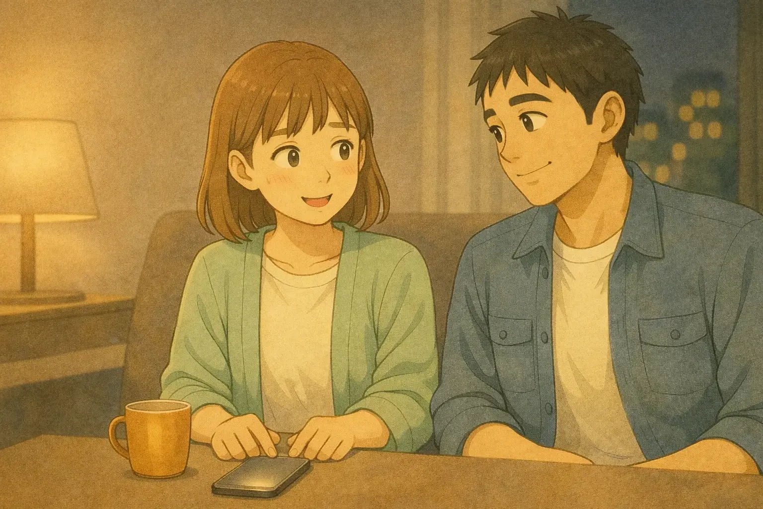 夜、iPhoneをいったん置いて“設定を触らない”選択をする陽菜と、安心して見守るひろと