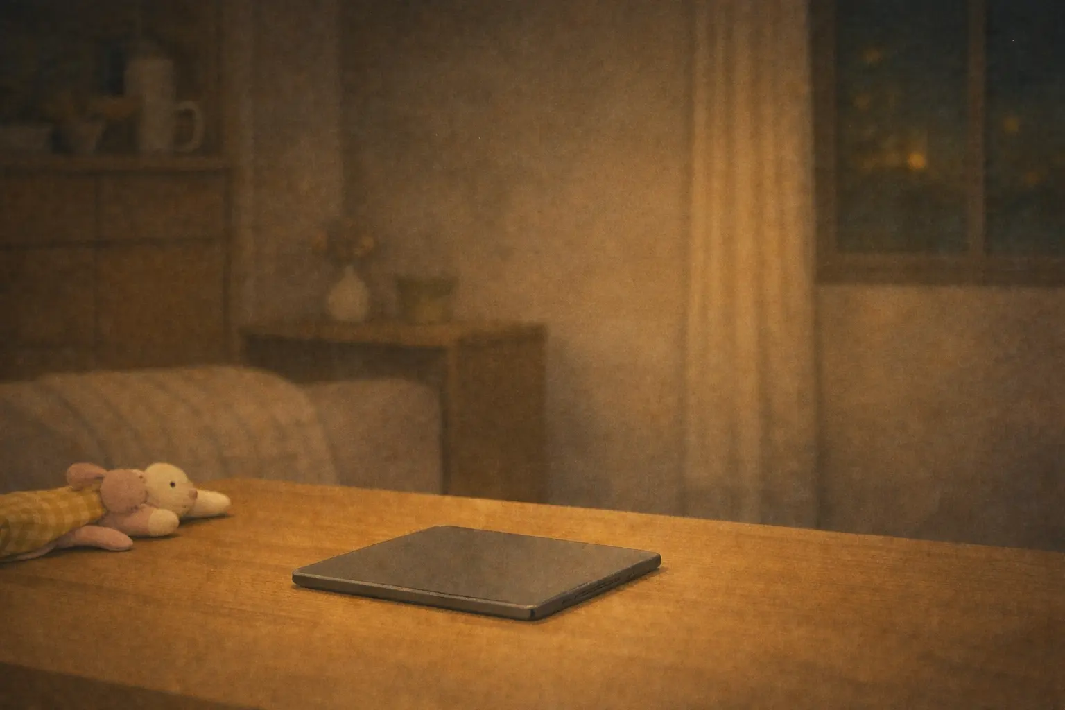 静かな夜、伏せられたiPadと余韻だけが残るテーブル