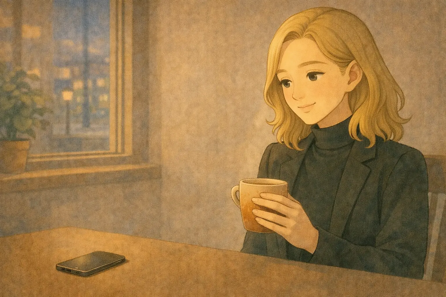 考えたことを日常に持ち帰るようにカップを手にする彩花の締めカット