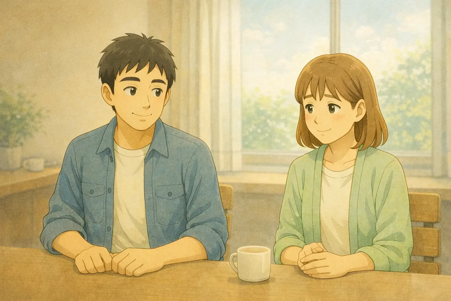 昼の明るい室内で、落ち着いた表情で向き合うひろとと陽菜。話し合いを終え、穏やかな時間に戻った様子