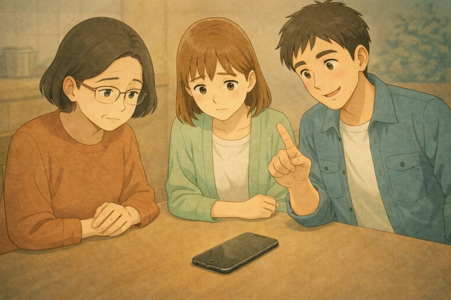 テーブルの上に置かれたiPhone 7を囲み、明美さん・陽菜・ひろとが一緒に状況を整理しているイメージイラスト