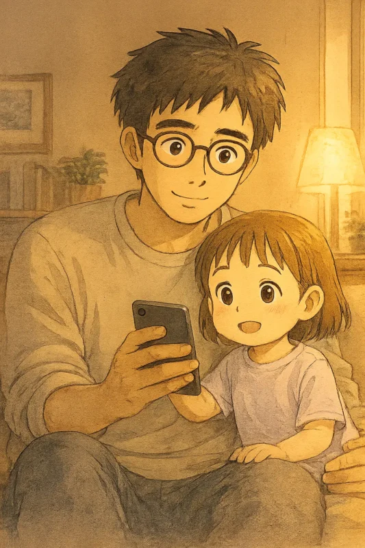 iPhone 16eを使うさとしと芽依が、画面を見ながら様子を確かめている場面