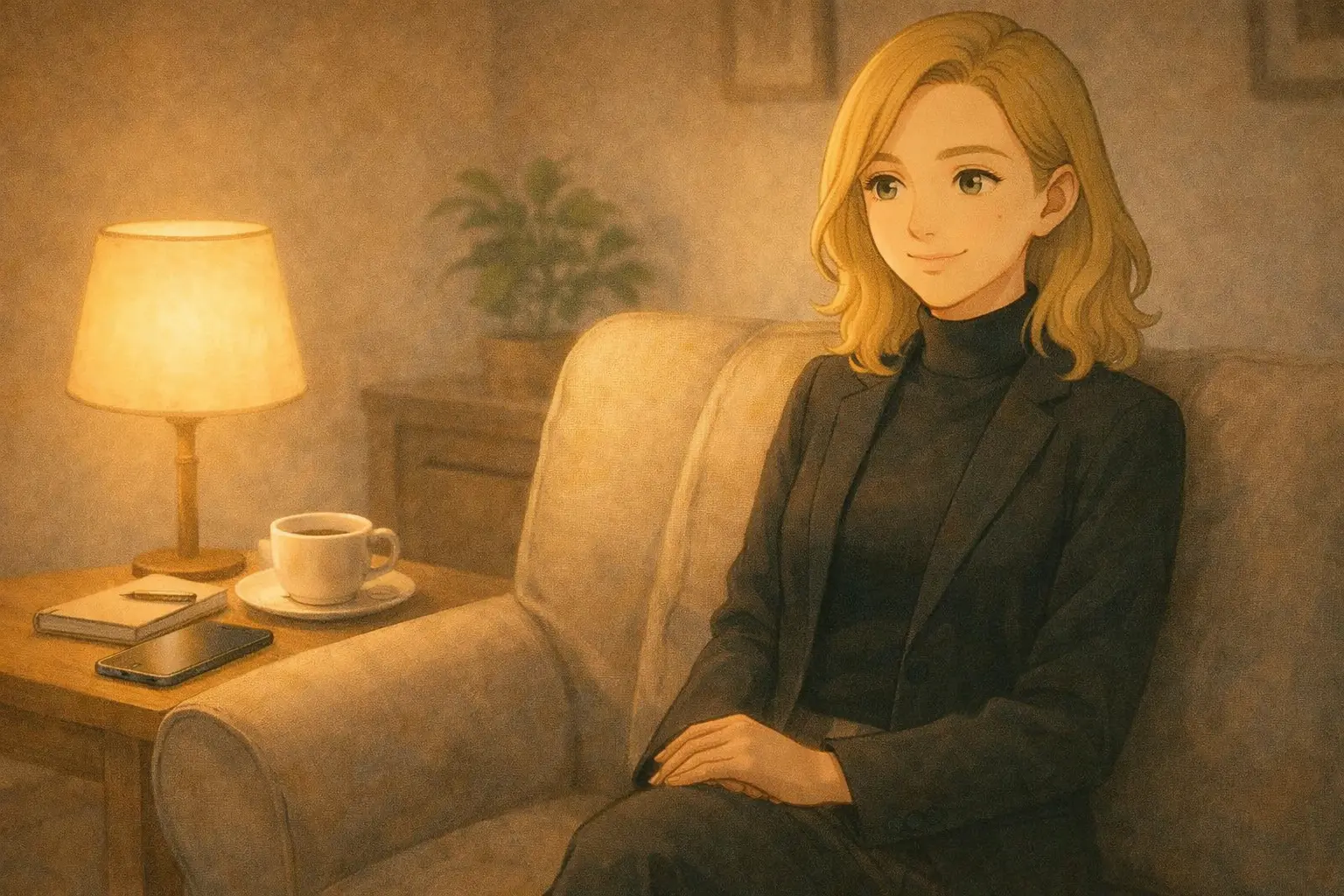  落ち着いた室内で、iPhone Airをそばに置きながら静かな表情でひと息ついている彩花の様子