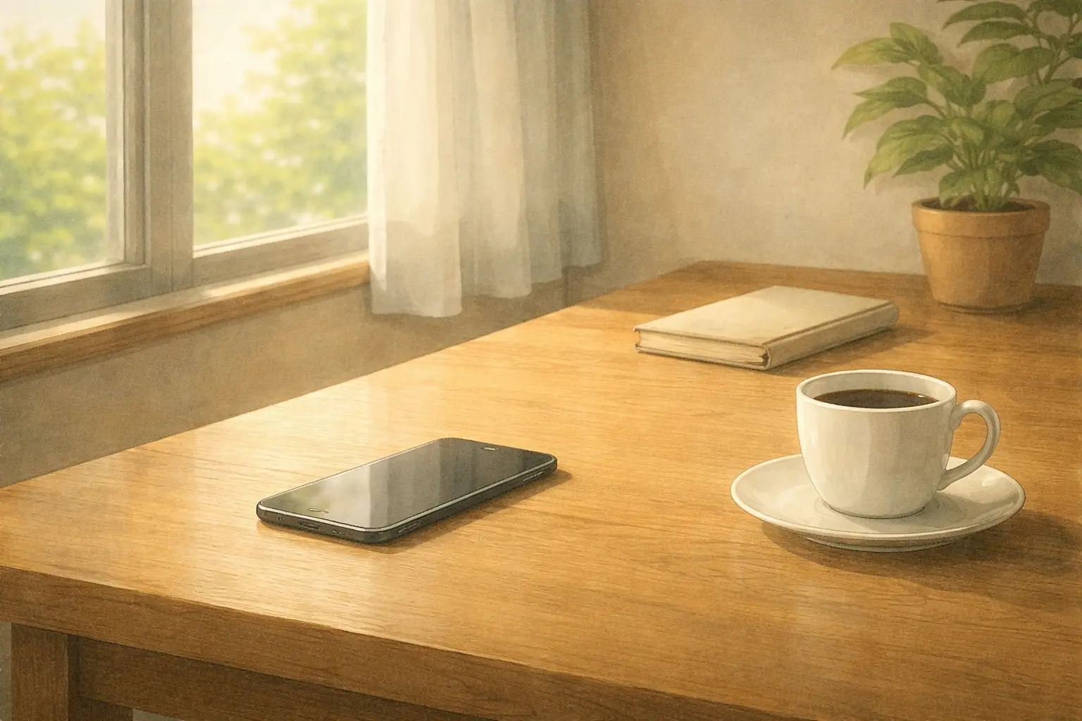 テーブルの上に自然に置かれたiPhone Airとコーヒーカップのある静かな昼の室内風景