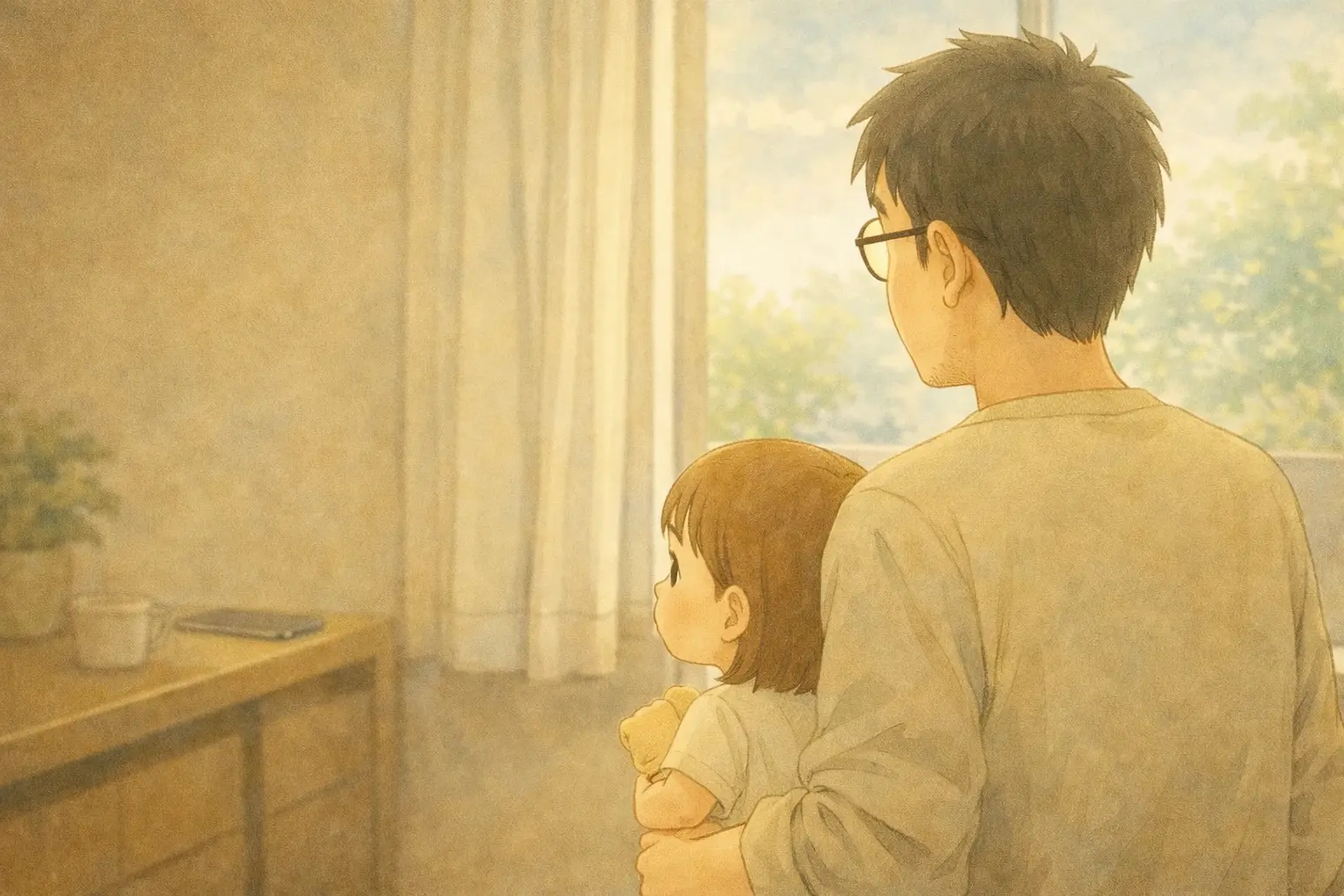 窓の外を眺めながら穏やかな時間を過ごすさとしと芽依。iPhone 16eはそばに置かれている