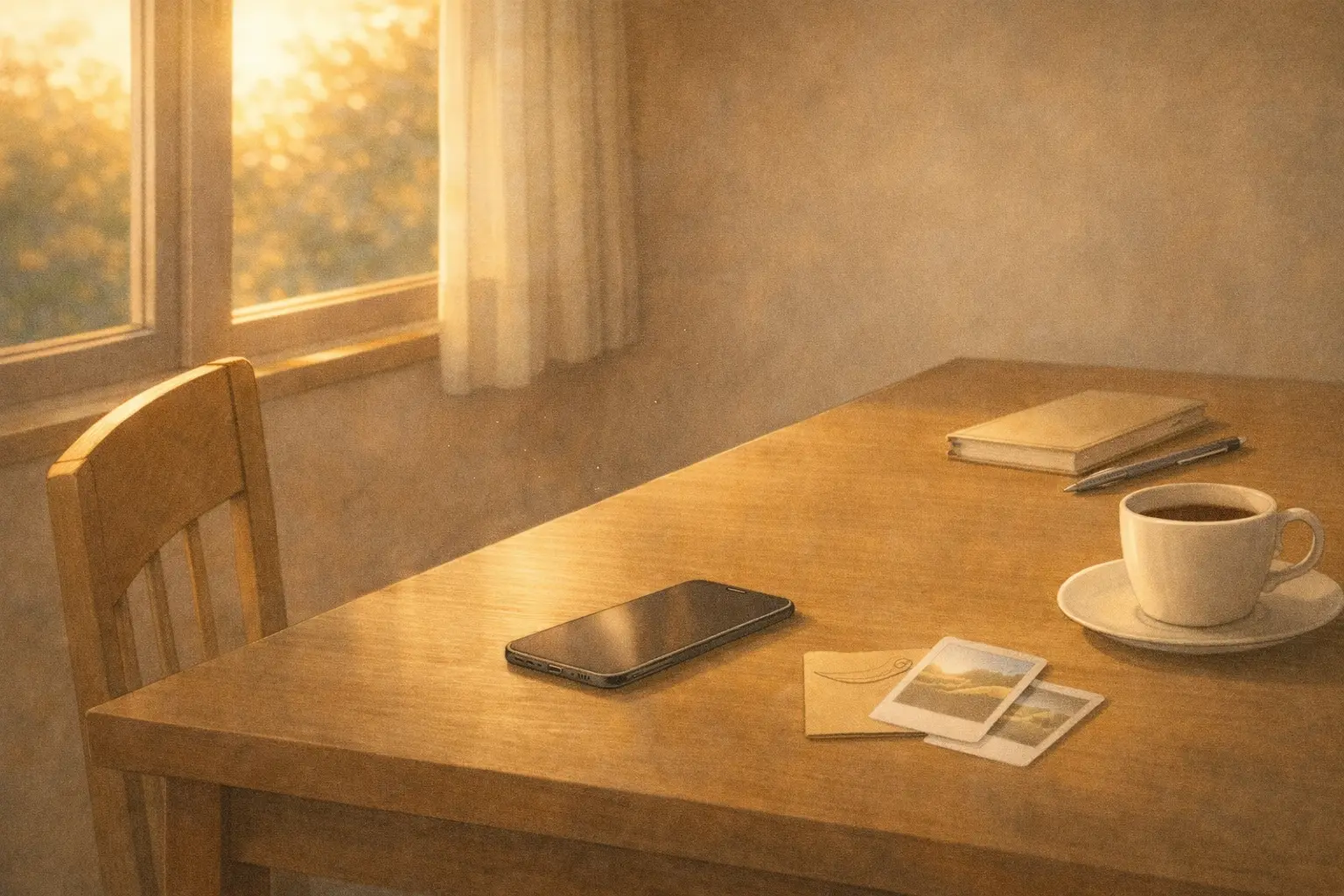 夕方のやわらかな光が入る部屋で、空いた椅子とテーブルに置かれたiPhone Airとノートが静かに佇んでいる場面