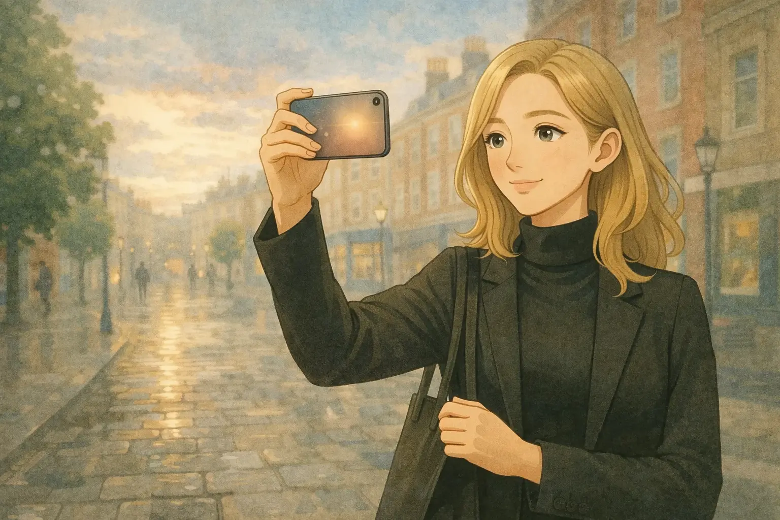 ロンドンの街を歩きながら、彩花がiPhone Airで空や街並みを撮影している場面