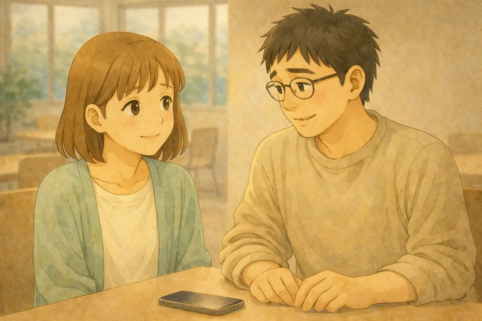 iPhoneを見比べながら「感じ方が違う理由」に気づく陽菜とさとし