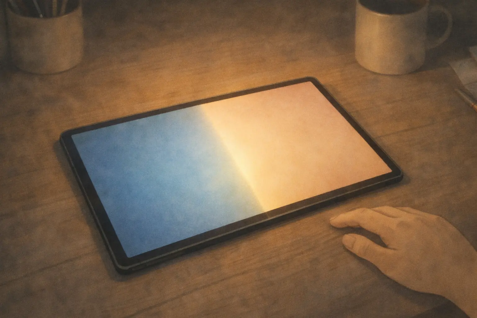 机の上に横向きに置かれたiPad。閉じられていない画面。