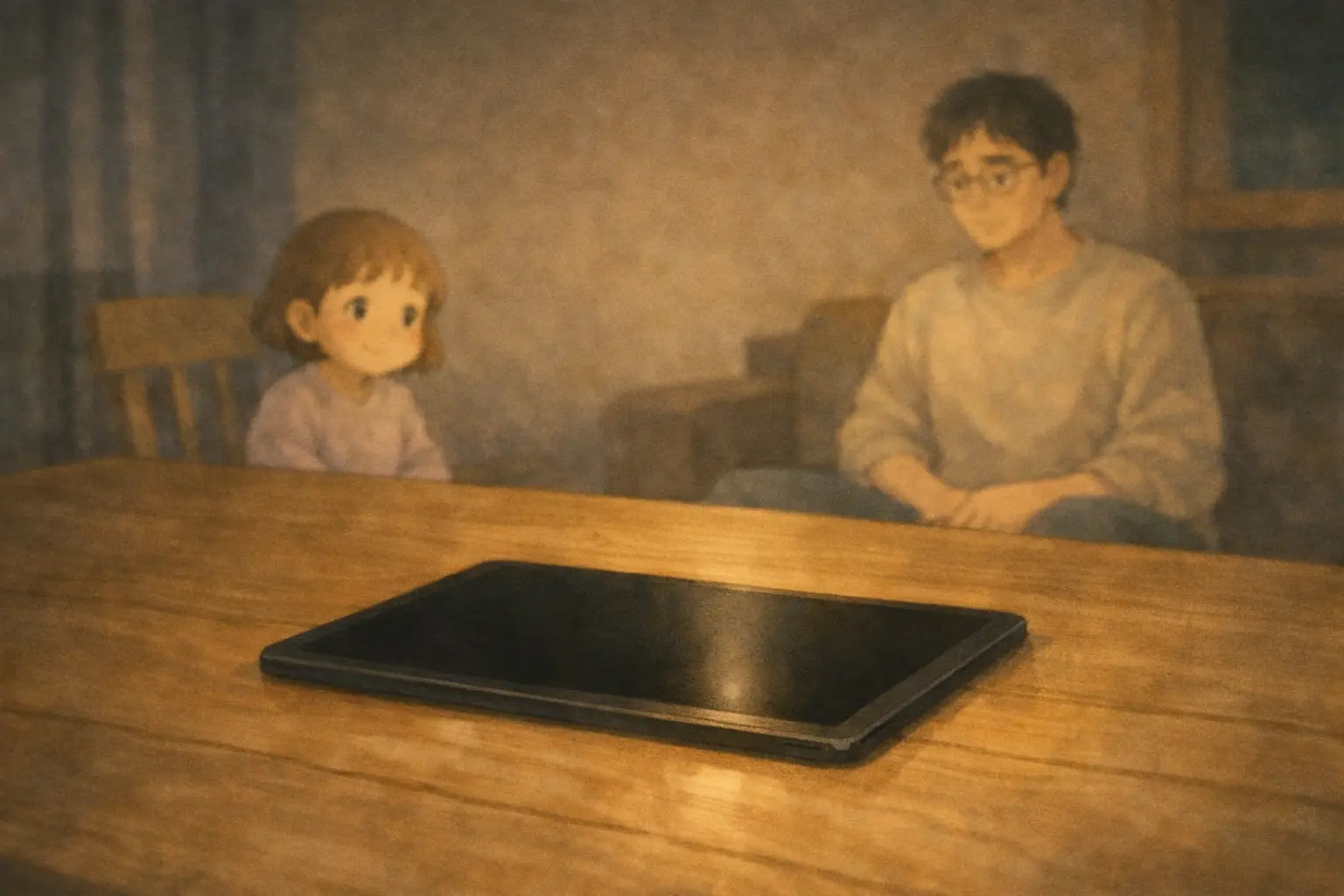 暗い画面のiPadと、少し離れて座る親子。