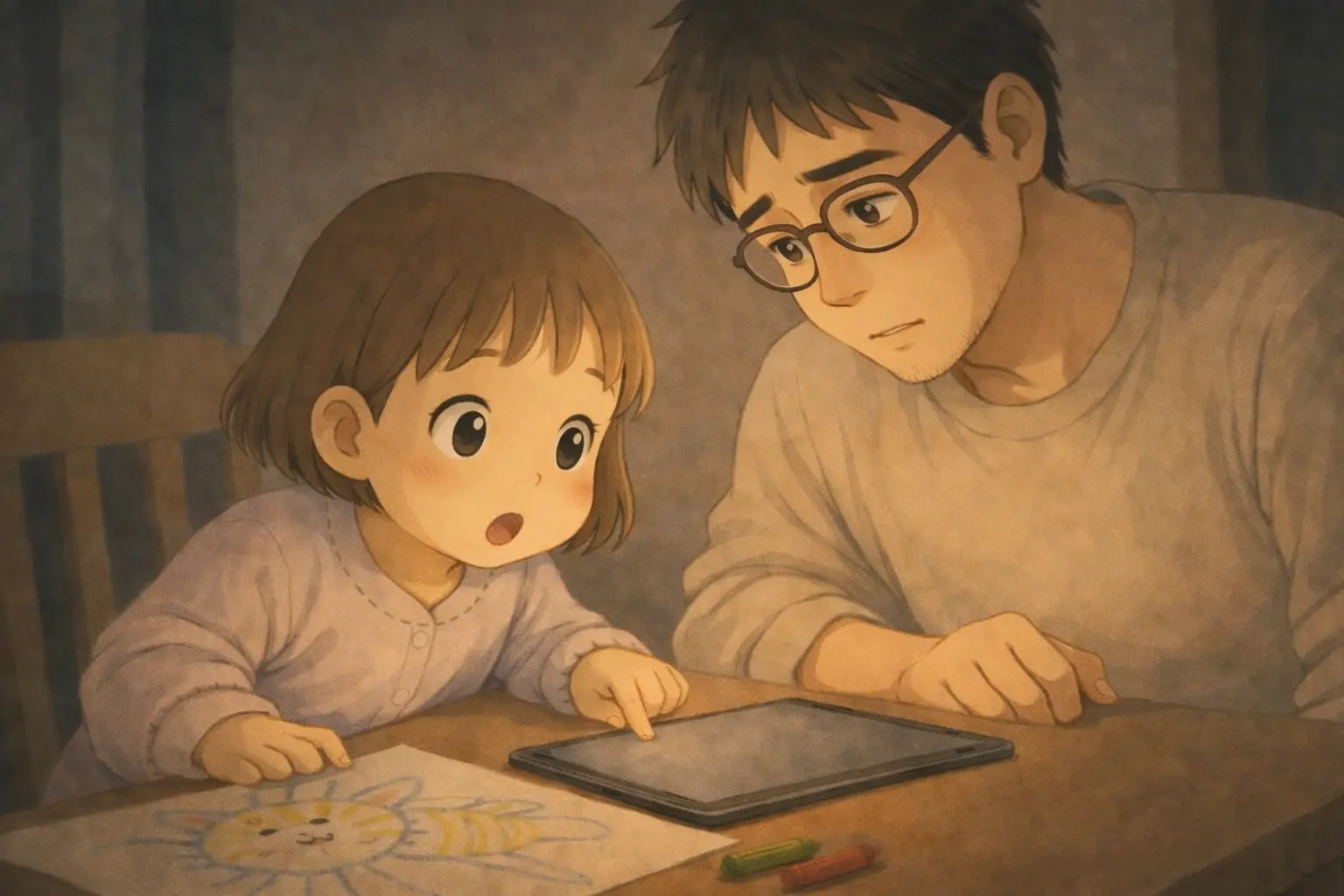 にゃーにゃの絵を描いていた手が止まり、iPadを指でつんと確かめる子どもと父。