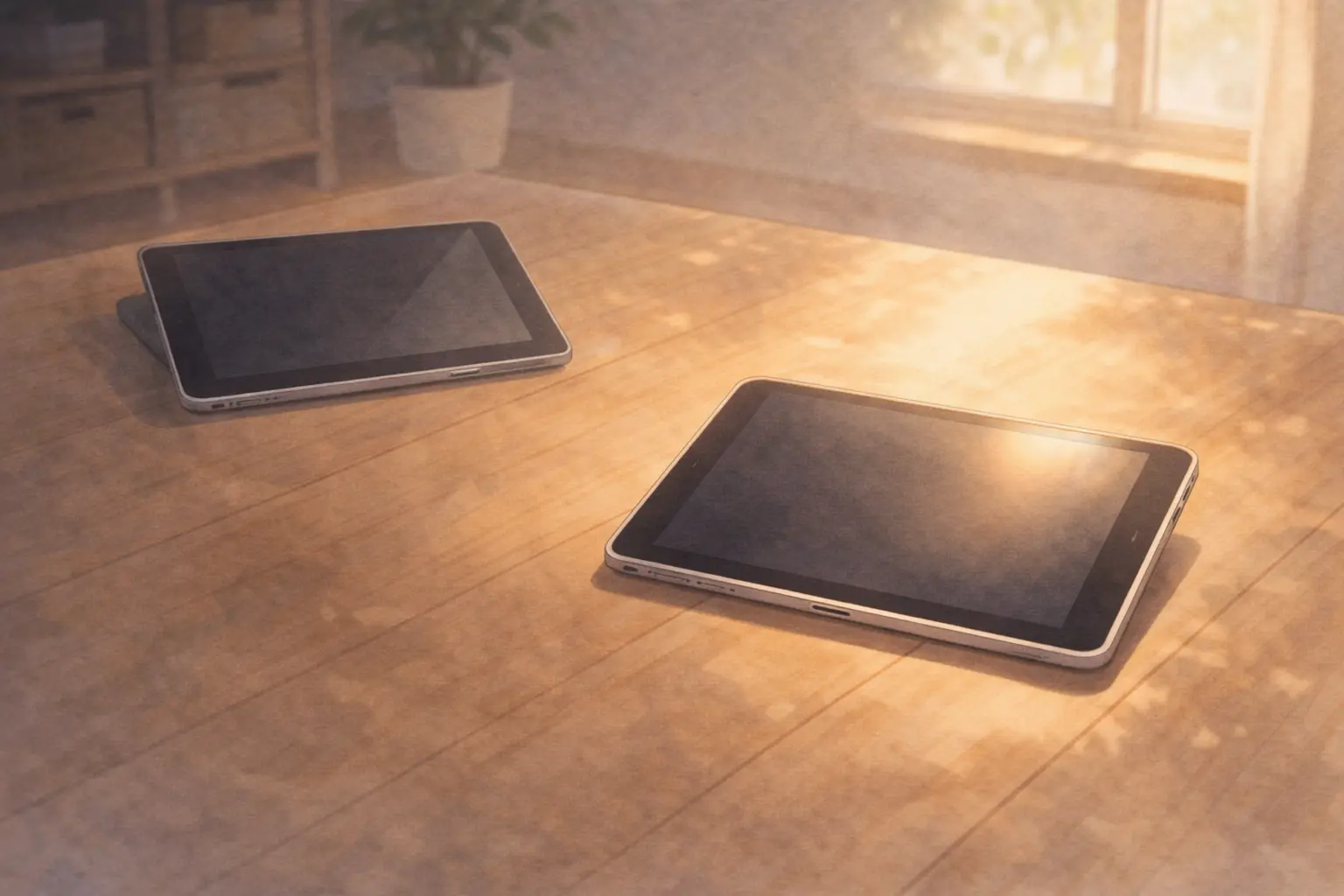 台のiPadが距離を置いて置かれている