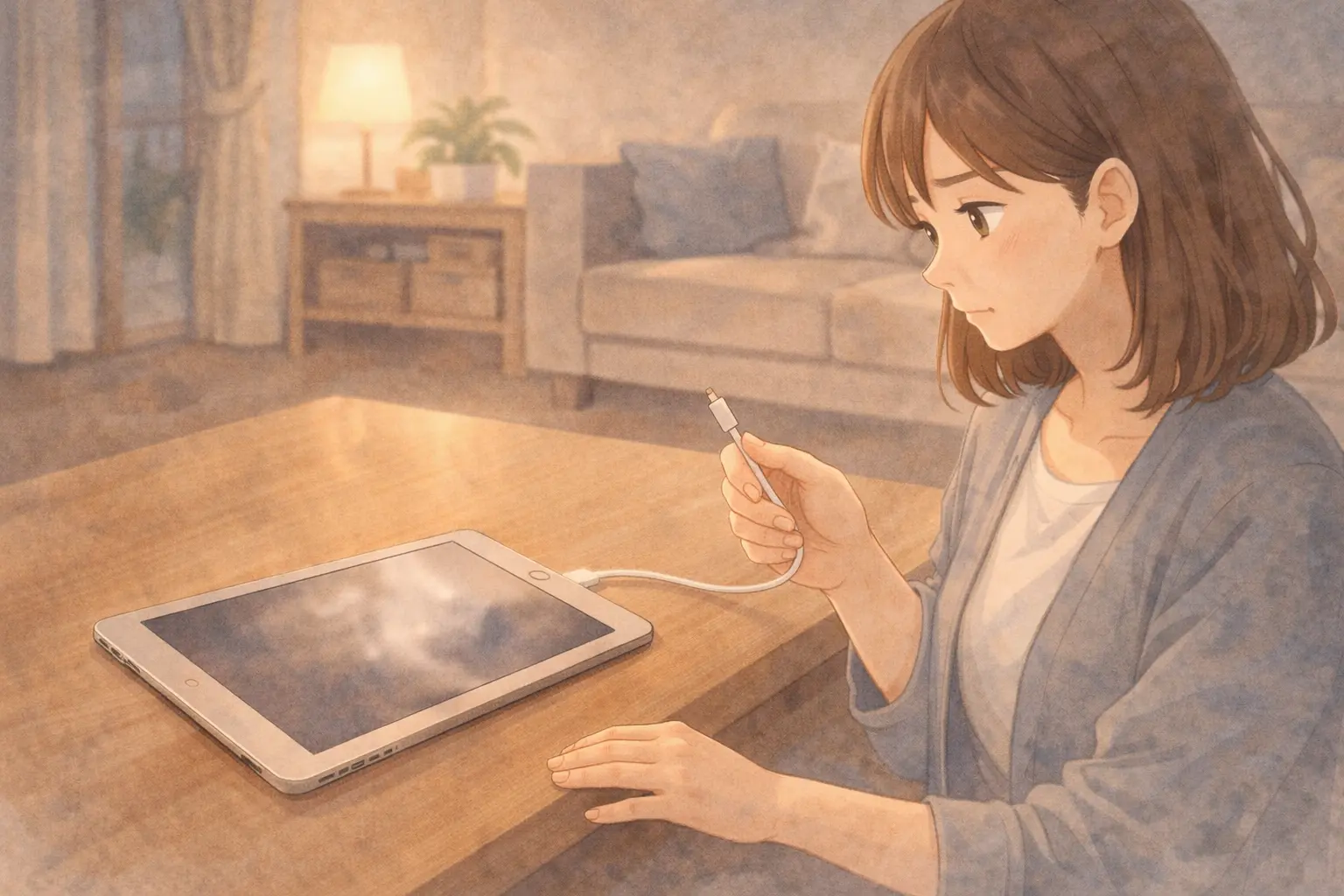 充電しながらiPadを見つめる人物