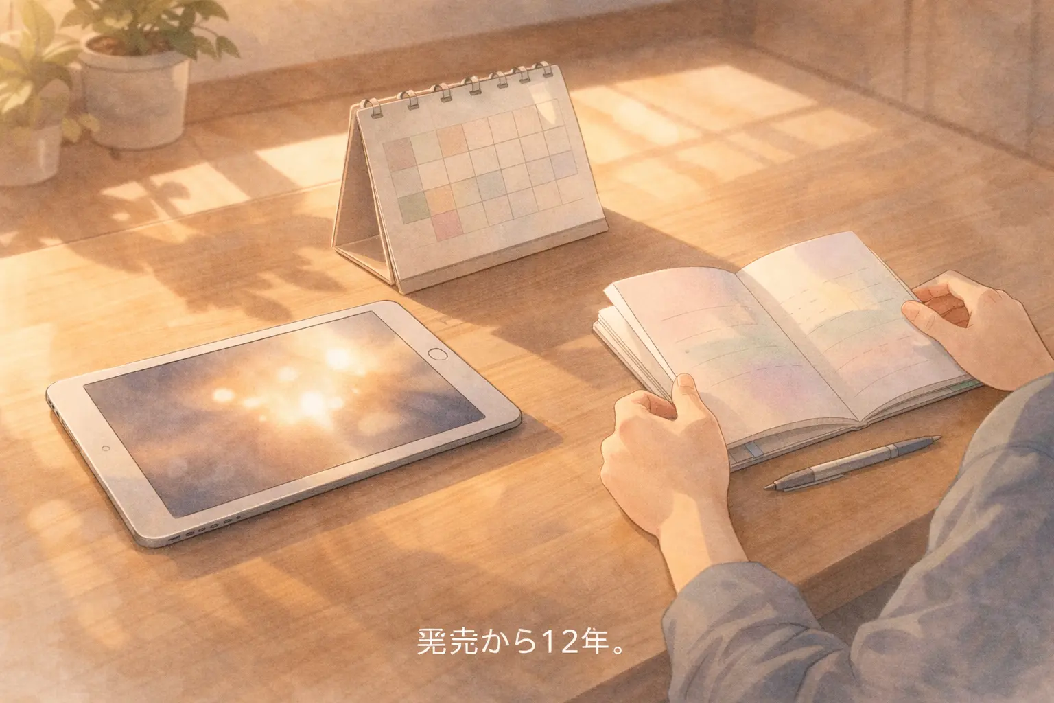 机の上のiPadと抽象的なカレンダー