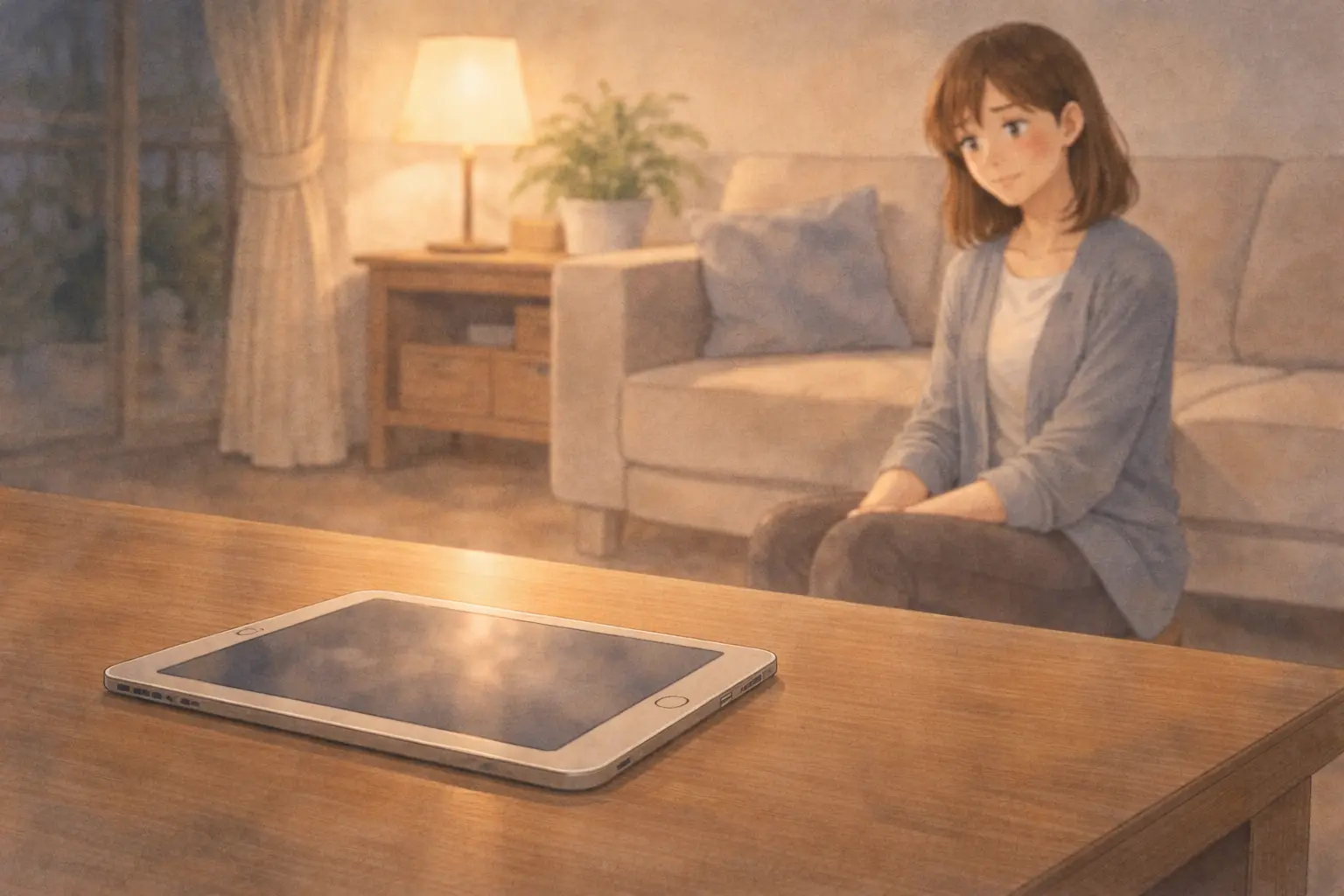夜のリビングに置かれたiPadと人物
