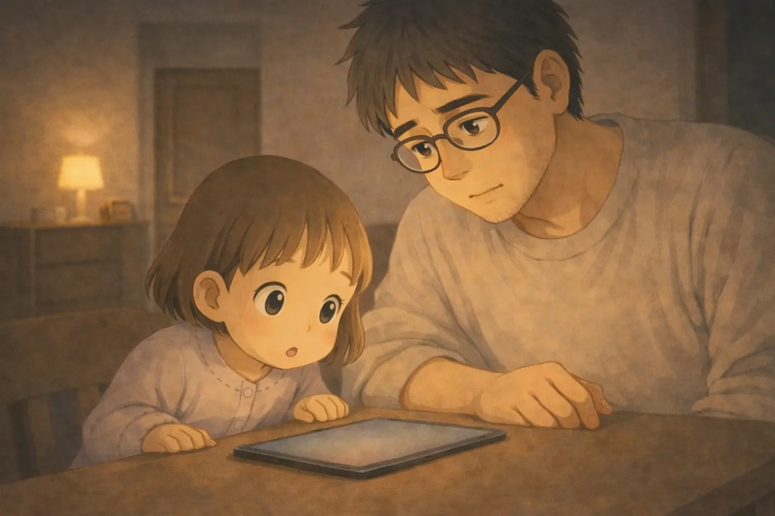 iPadを前に少し前のめりになる芽依と静かに見守るさとし