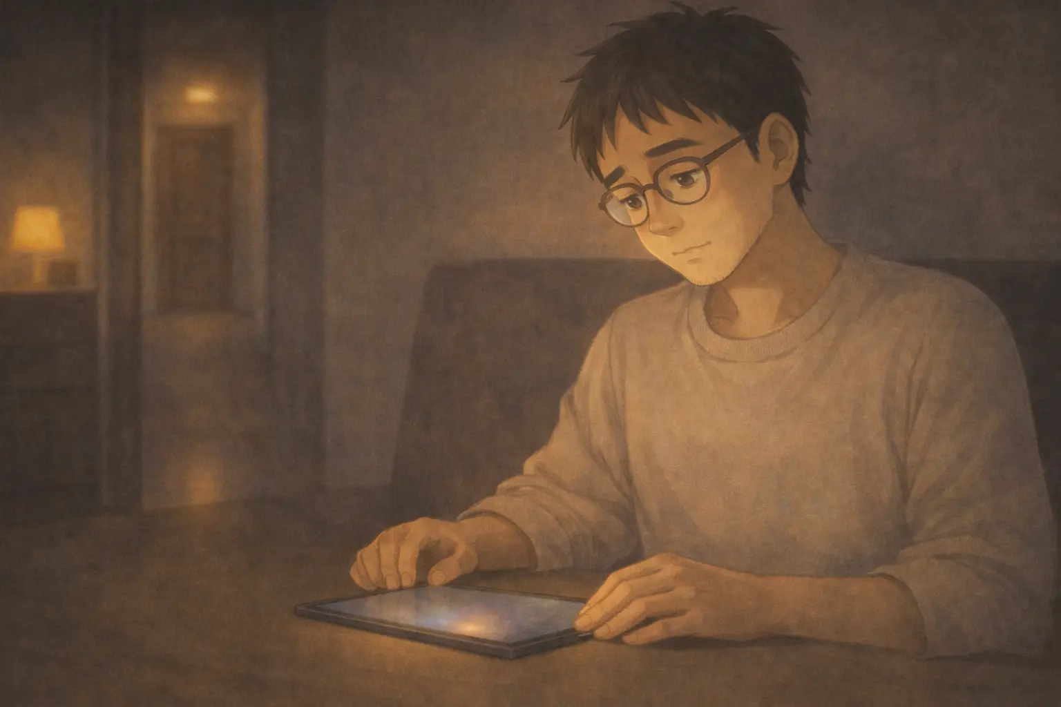 iPadと向き合うさとしの静かな時間。