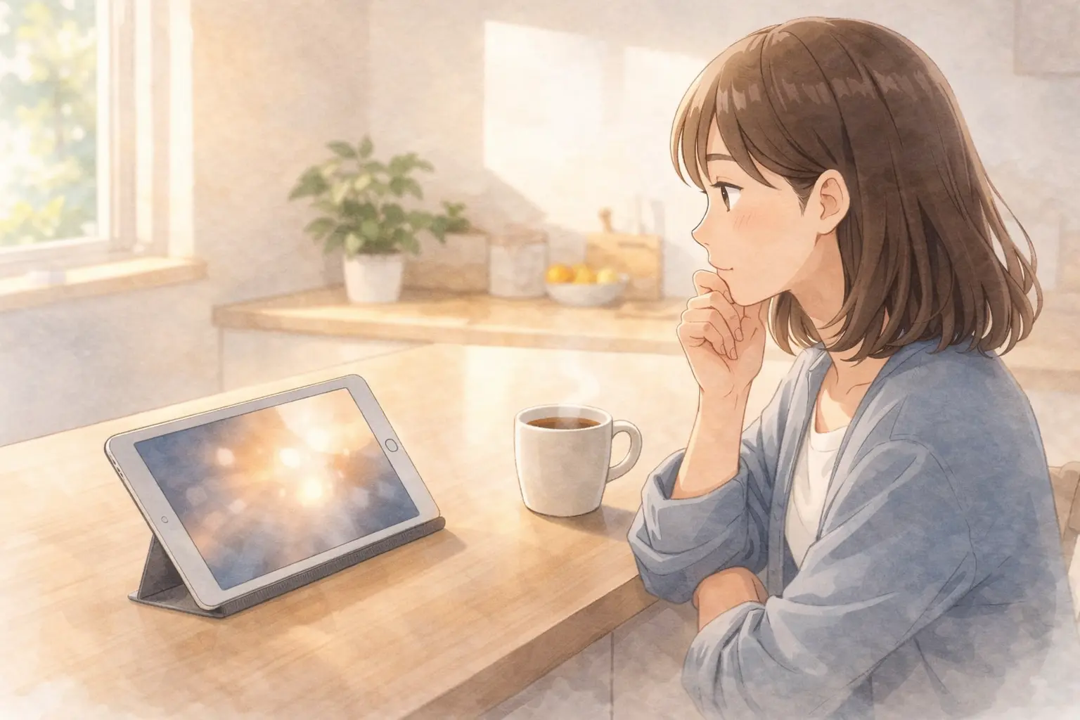 キッチンでiPadを見ながら少し考える母親