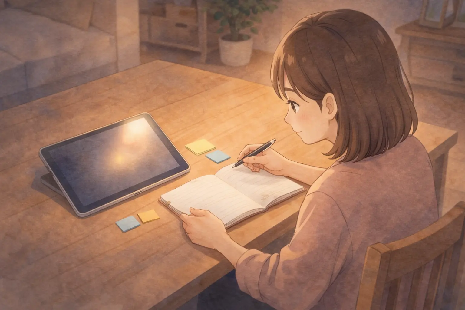 夜の部屋でiPadを膝にのせて調べ物をする人物