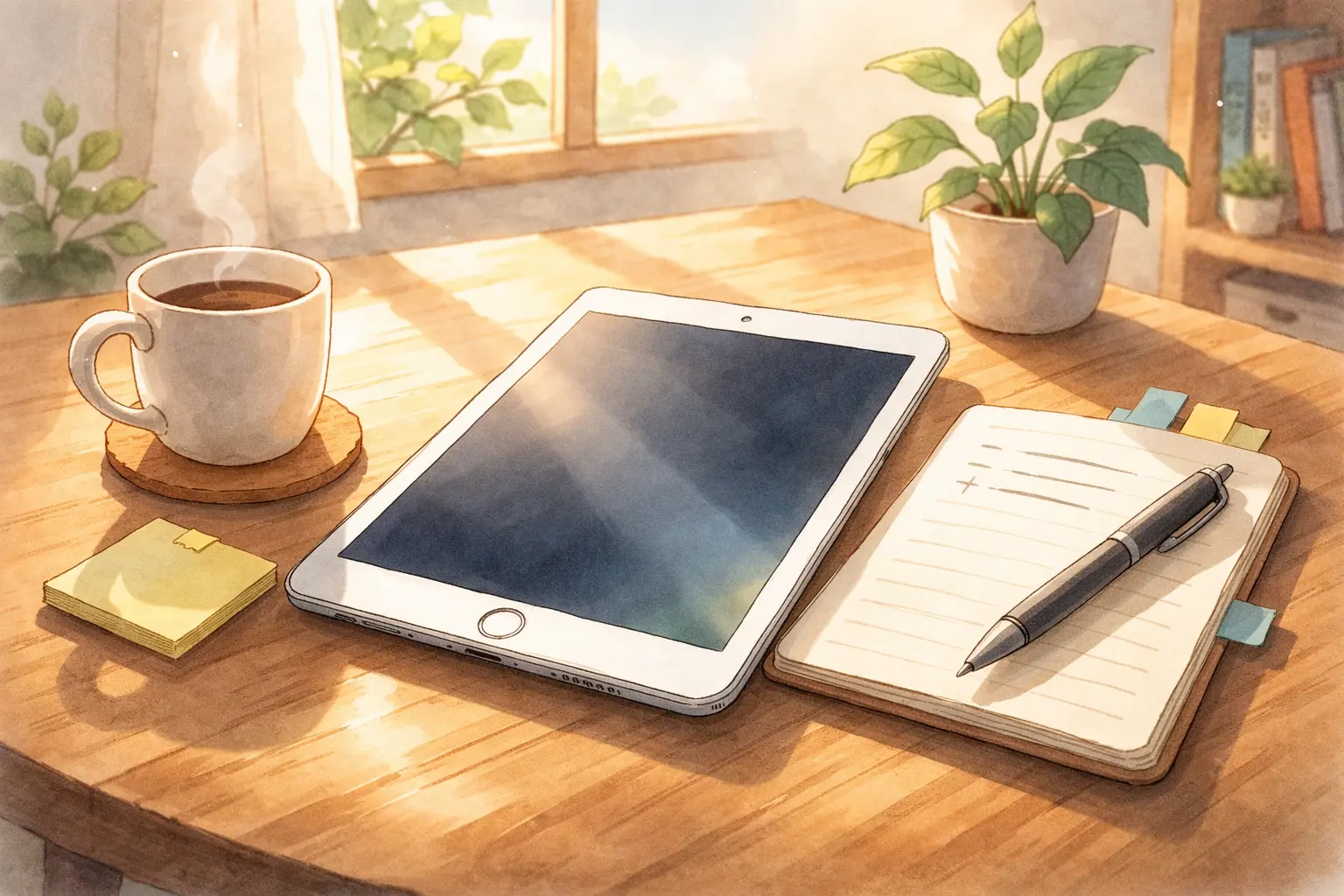 窓辺の明るいテーブルにホームボタン付きiPadとノート、ペンが置かれている