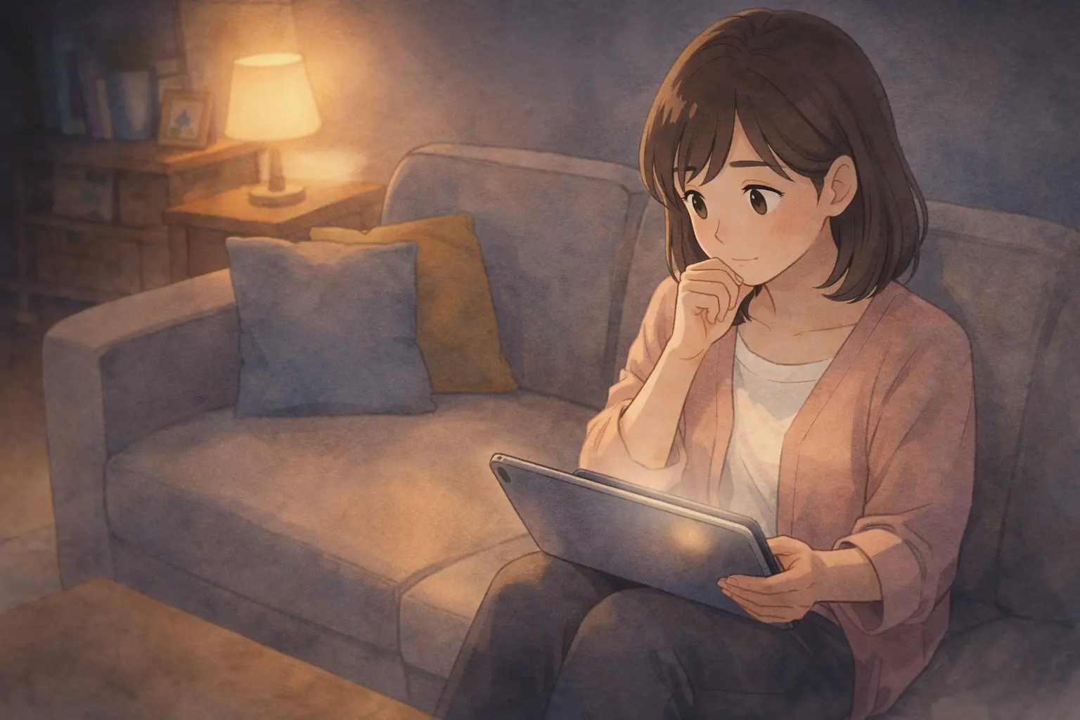 夜の部屋でiPadを膝にのせて調べ物をする人物