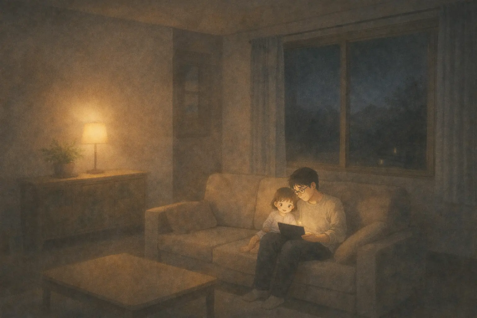 休日前の夜、静かなリビングでiPadを囲む親子