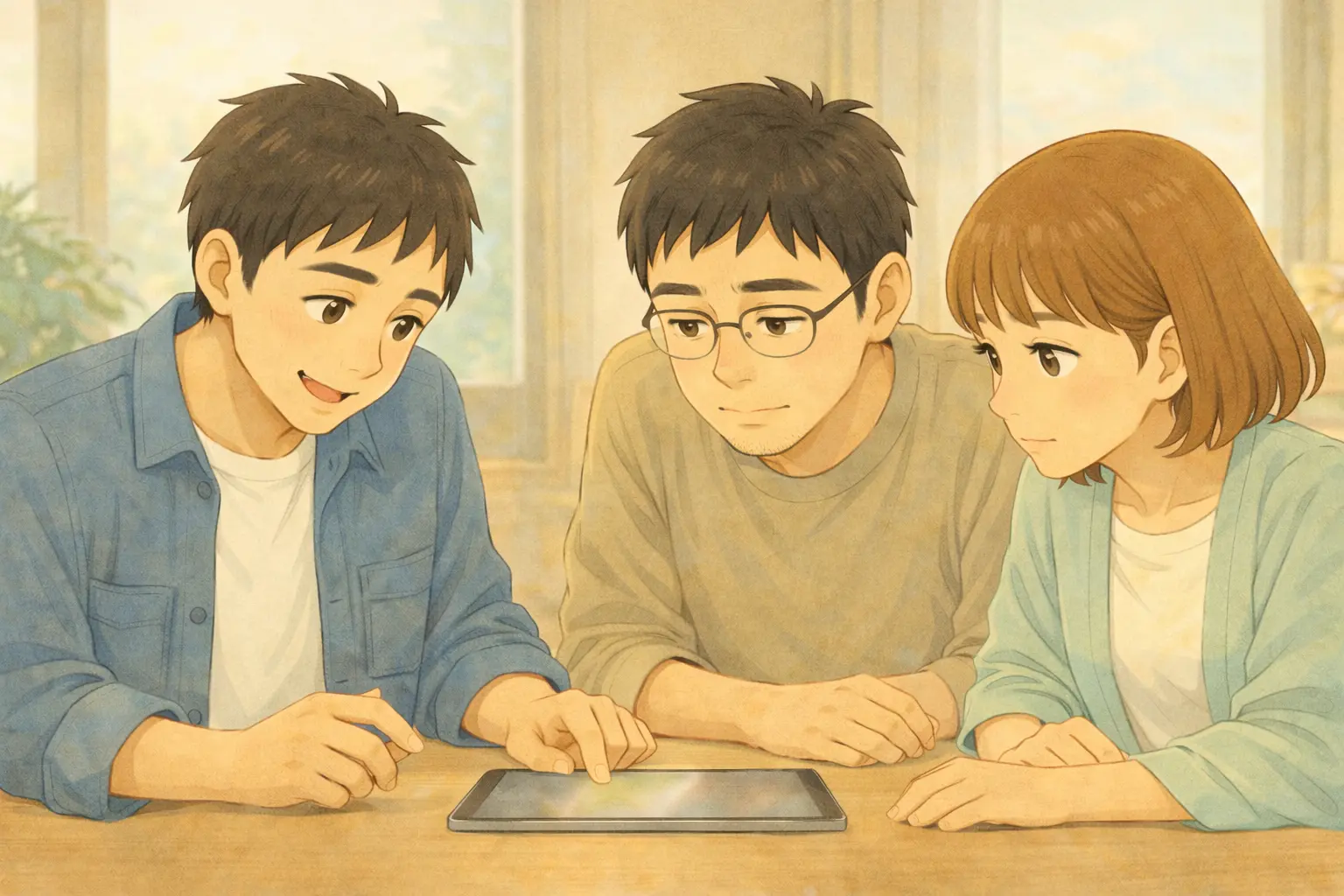 iPadをのぞき込みながら料金の話をする3人