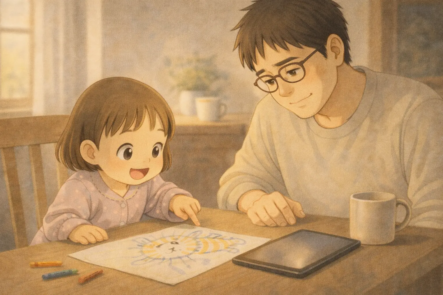 朝の光の中で猫の絵を指さす芽依と笑うさとし