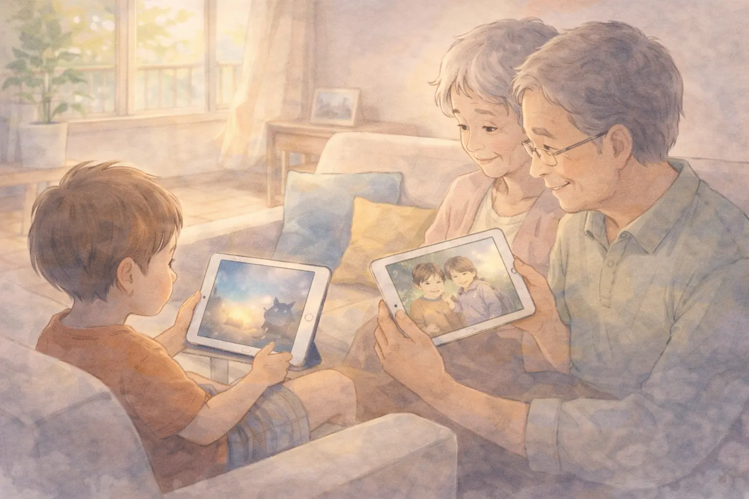 リビングで家族がiPadを使っている様子