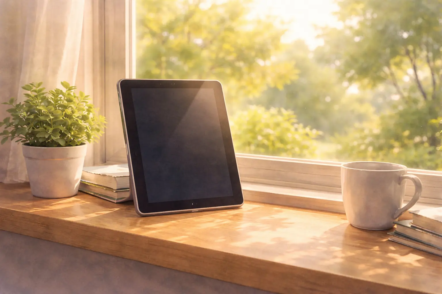 窓際に立てて置かれたiPad