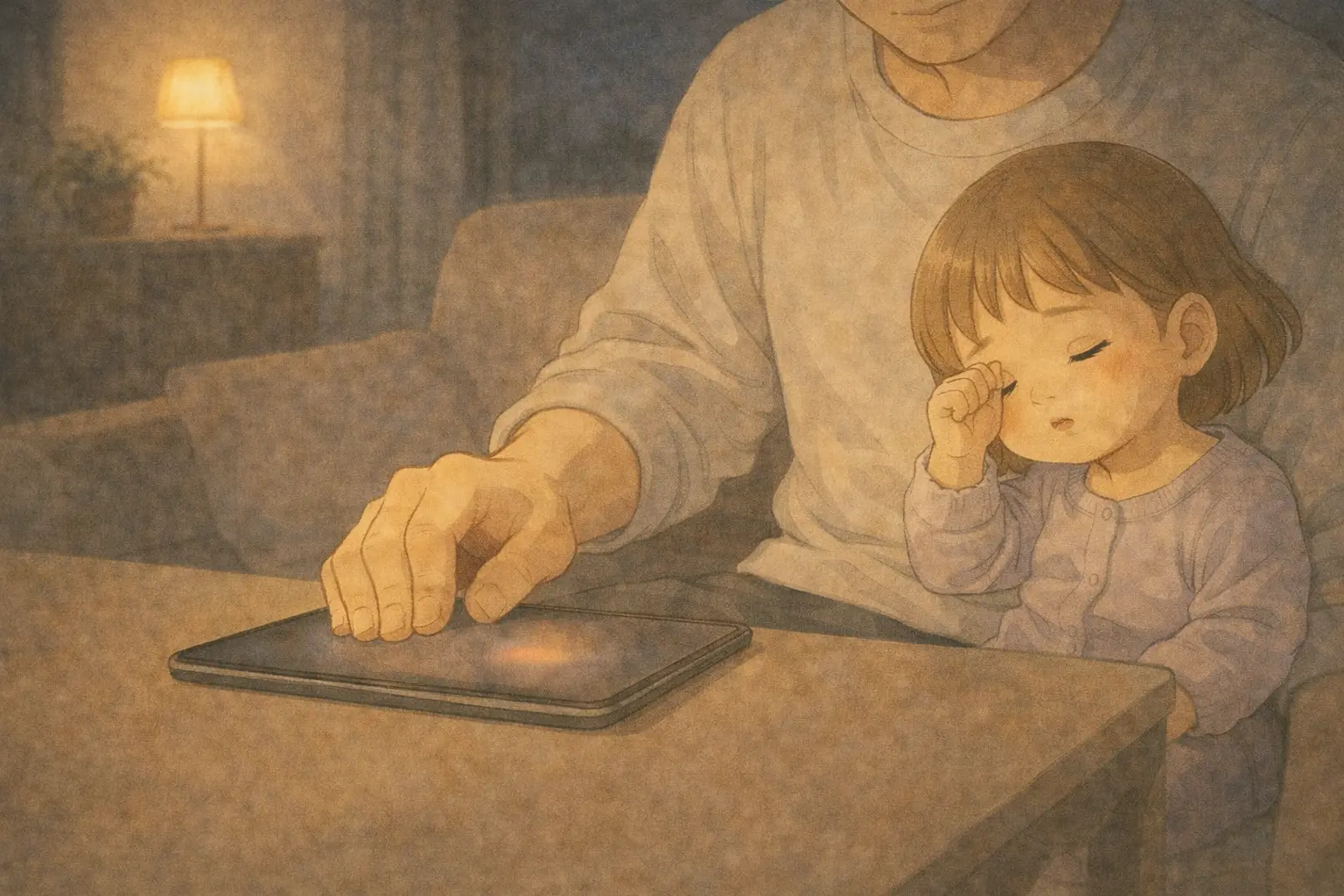 眠そうな芽依の横でiPadを閉じるさとし