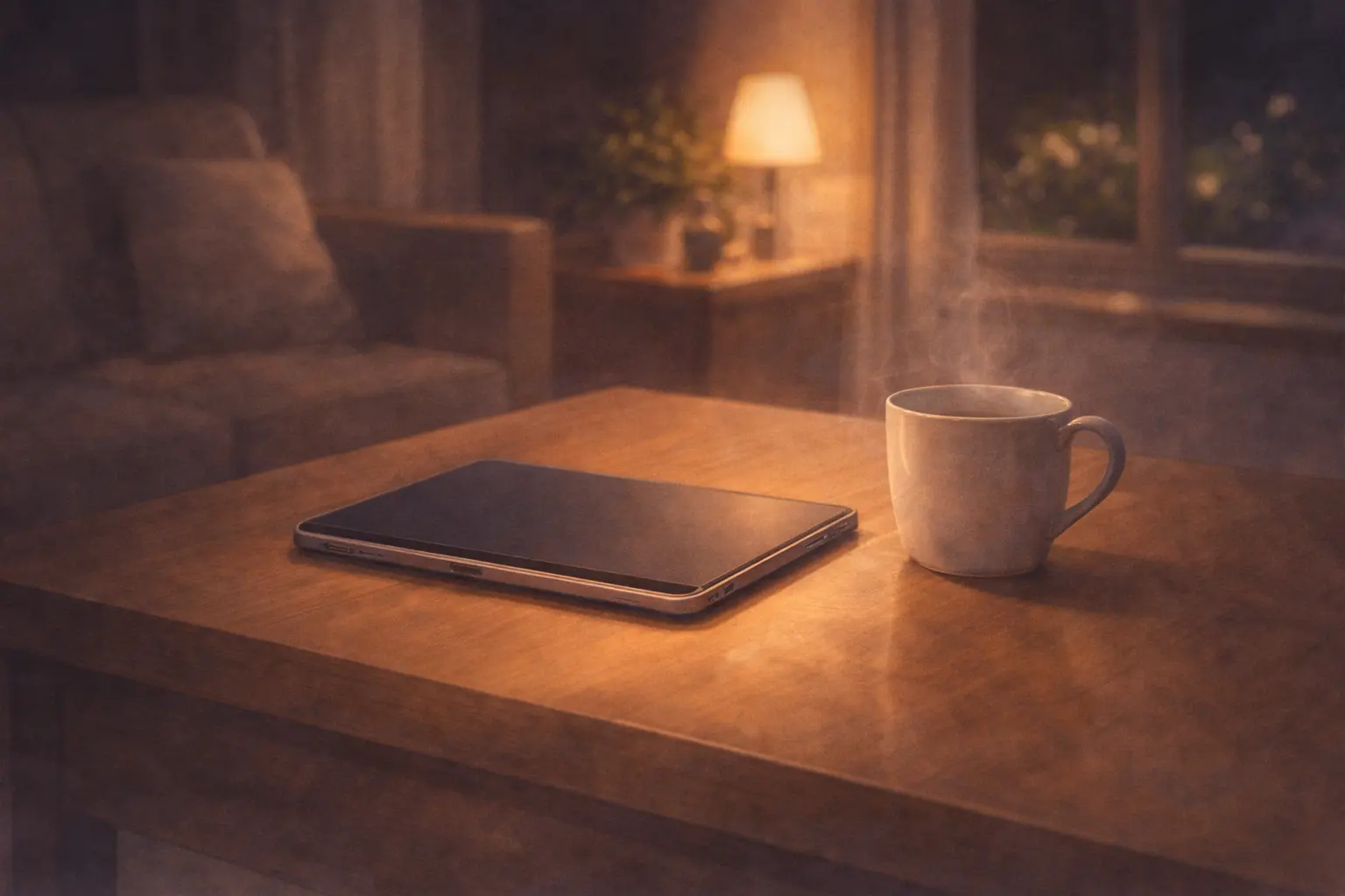 夜のリビングで閉じられたiPadとマグカップ