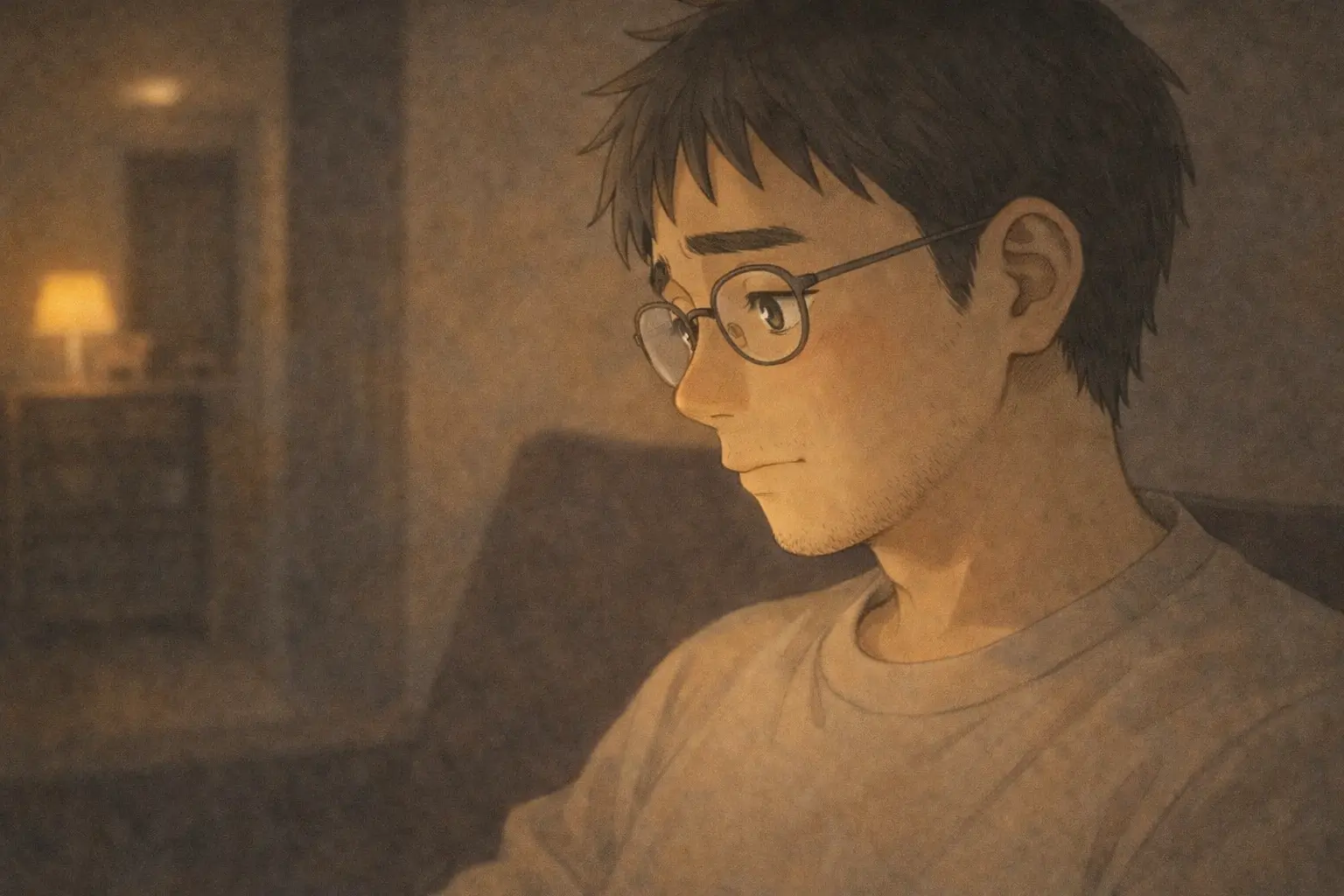 iPadの光に照らされるさとしの横顔。