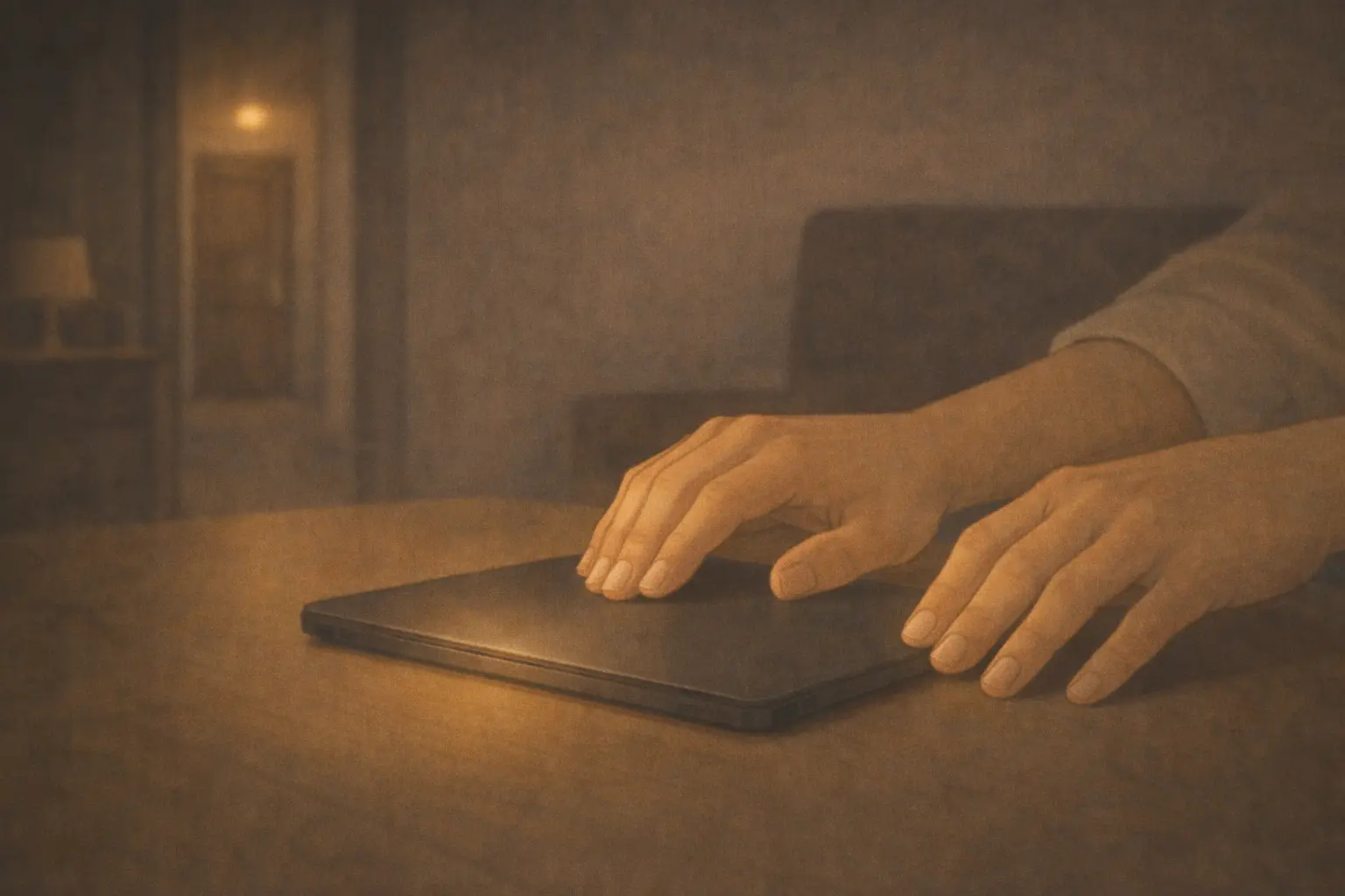 iPadを伏せるさとしの手。