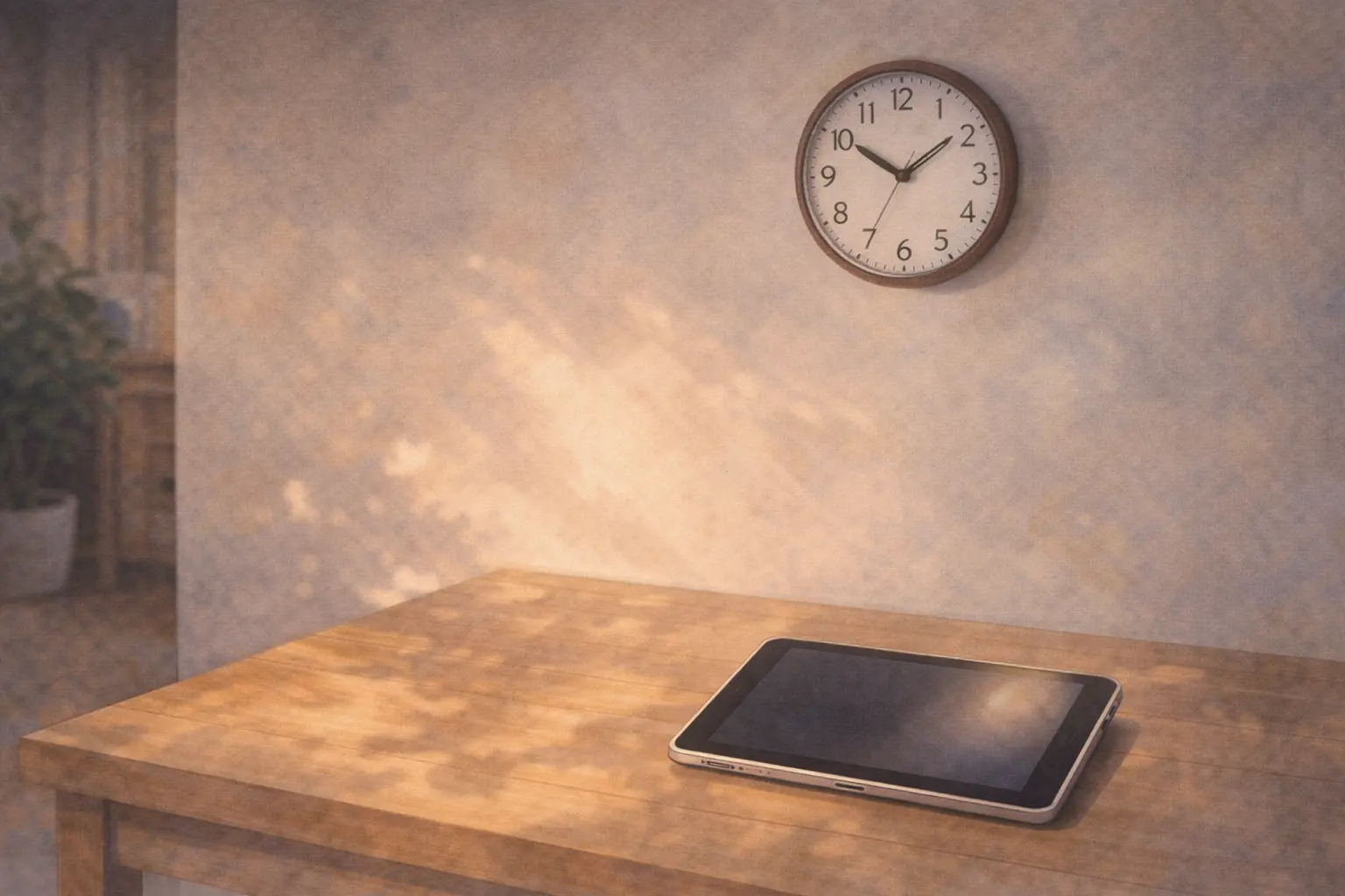 壁時計とテーブルに置かれたiPad