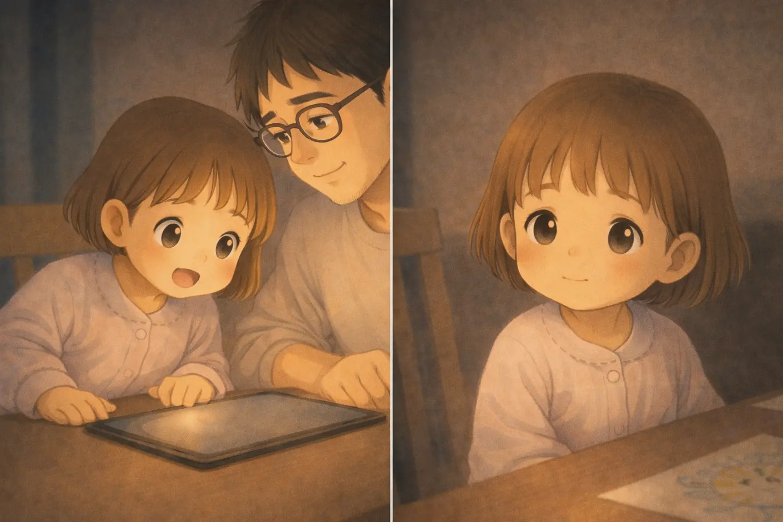 芽依の静かな表情と、机の上のiPad。