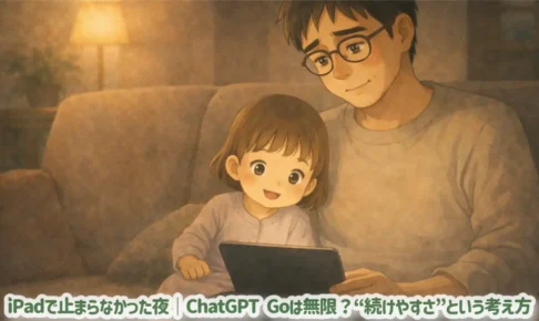 休日前の夜。 iPadをひざに乗せたさとしと芽依。 くるくるは小さく、画面は明るい。 焦りはない。